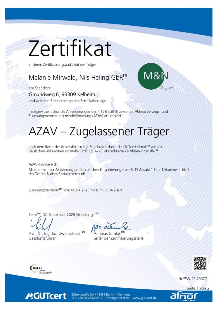 AZAV-Zertifikat der GUTcert GmbH für die Melanie Mirwald, Nils Heling GbR